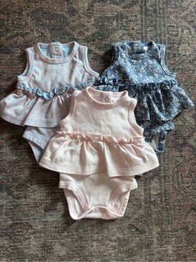 3-Pack Baby Ruffle Peplum Onesies - Pink, Blue Floral, Sky Dot